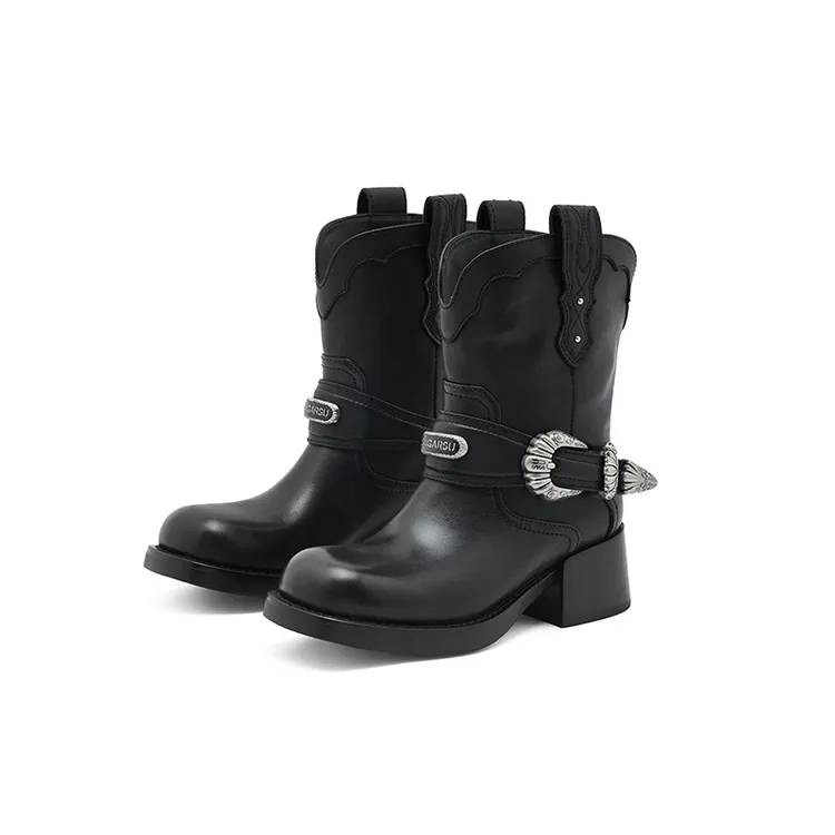 SugarSu/酥履白鹿同款25秋新款游牧风美拉德复古高跟骑士短靴女