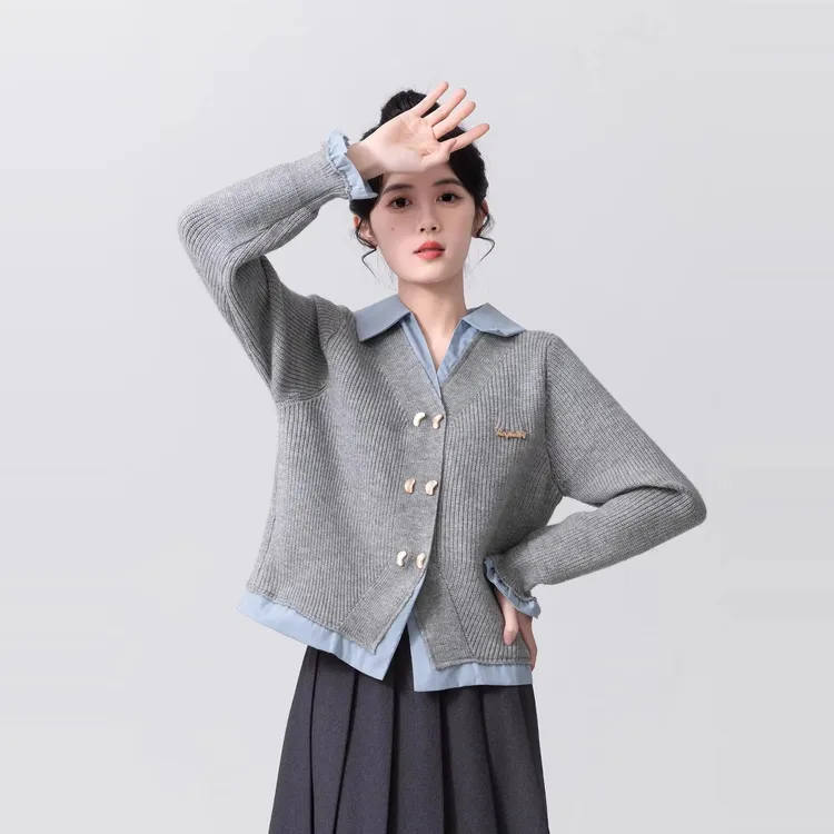 2025春秋装新款时尚假两件上衣毛衣外套女POLO领衬衫针织开衫遮肉