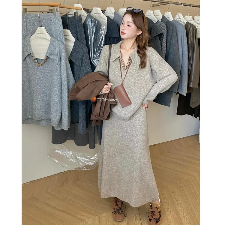 A#9654千金风套装女设计感重工编织翻领毛衣+包臀裙半身裙两件套