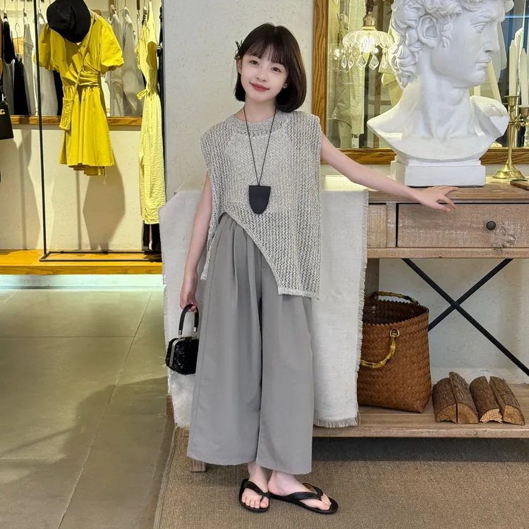 不规则绑带镂空灰色无袖垫肩上衣九分休闲裤女童2025设计感开叉潮