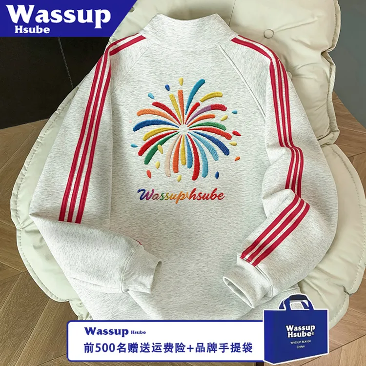 WASSUP HSUBE潮流印花情侣长袖秋冬时尚宽松烟花拉链百搭休闲上衣