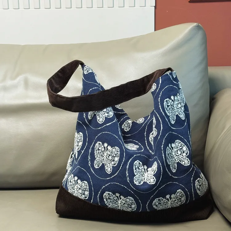 棉麻 刺绣蝴蝶拼接 单肩包 大容量  休闲