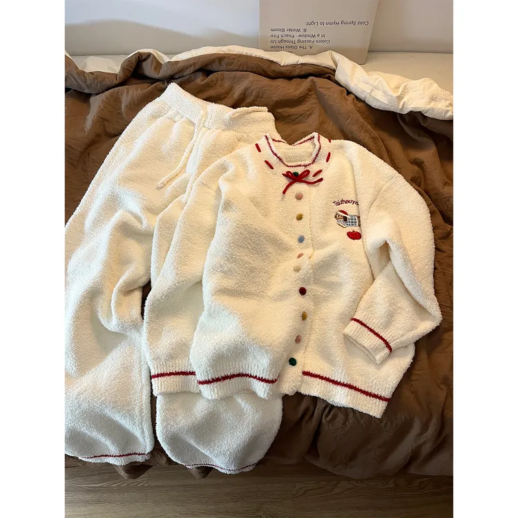 少女可爱腊肠狗印花半边绒睡衣女冬季2025新款保暖家居服外穿套装