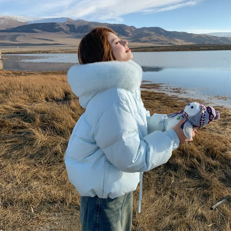 极简风真毛领羽绒服女2025冬新款小众ins风温柔百搭白鸭绒面包服