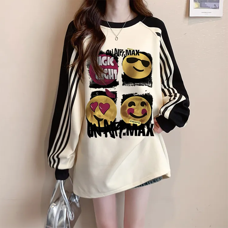 卡通撞色加绒卫衣女秋冬韩版慵懒风宽松大码三条杠设计感百搭上衣