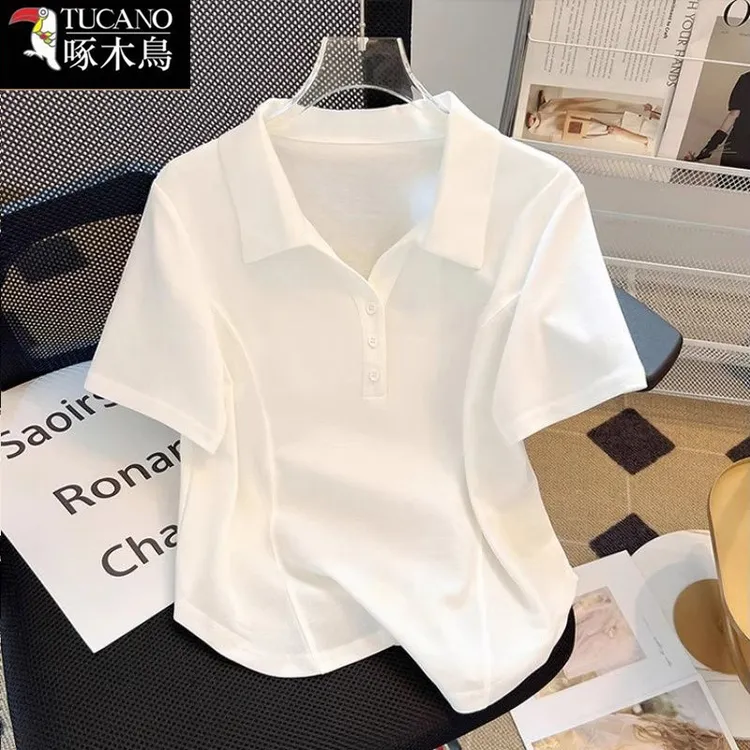 啄木鸟2025年夏季短袖POLO领t恤女士新款减龄设计感百搭纯色上衣