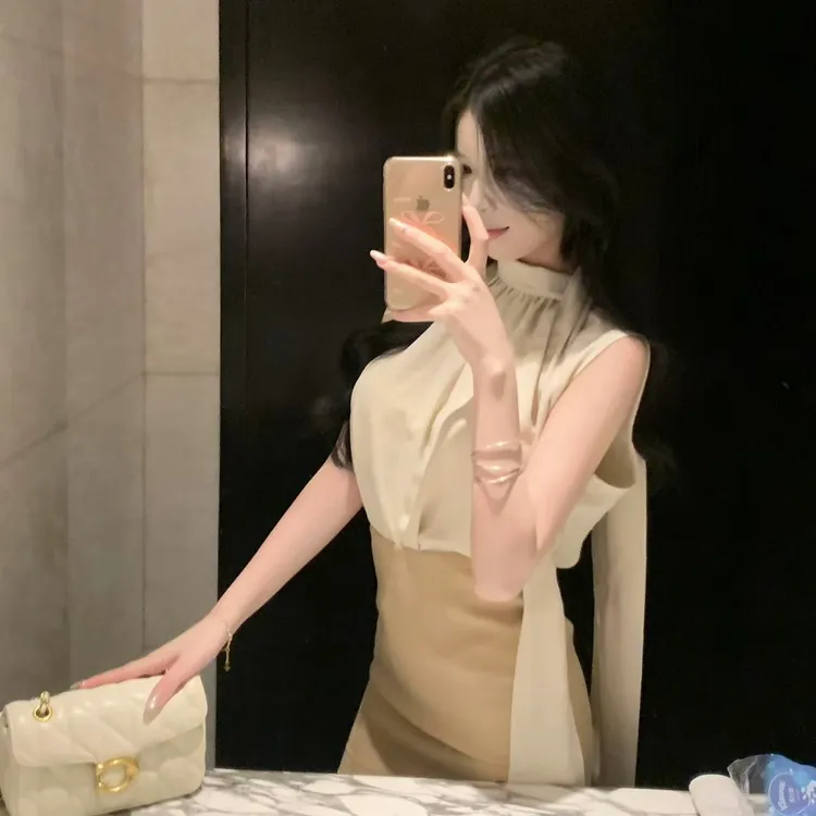 【有一思专属】遮肚子小衫气质无袖雪纺时尚上衣围巾领飘带夏季宽松