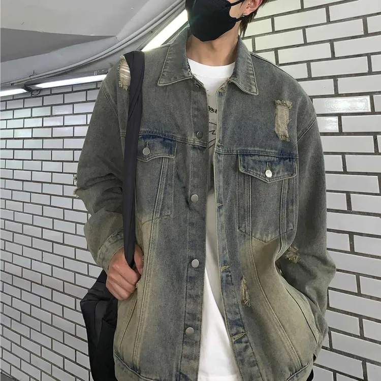 春秋潮牌嘻哈宽松痞帅工装夹克高街大码休闲百搭破洞牛仔衣外套男