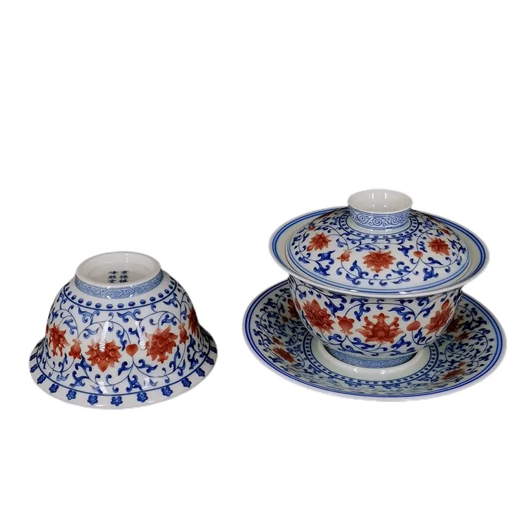 景德镇青花陶瓷盖碗仿古纯手工釉里红缠枝莲三才盖碗家用泡茶碗