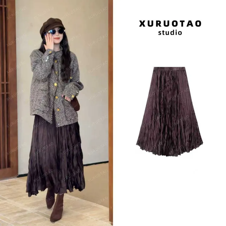 XURUOTAO【皱皱裙】100人丝褶皱松紧腰设计显瘦咖色半身裙 T5701