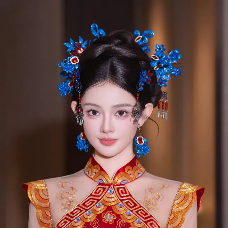 合金树脂婚庆饰品 新娘中式秀禾旗袍景泰蓝点翠古风精致配饰G0279