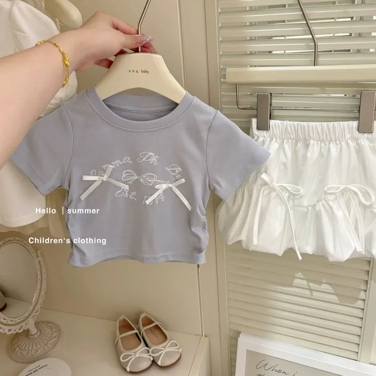 女童韩版套装夏季新款儿童蝴蝶结短袖T恤半身裙两件套t恤短款洋气