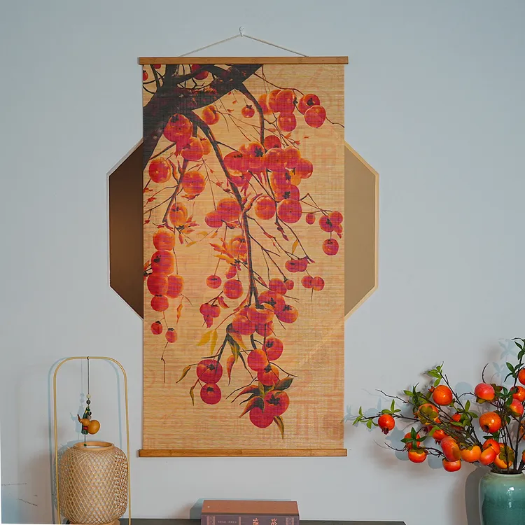 新款双面柿子图竹编荷花柿子挂画茶室玄关大气挂画装饰