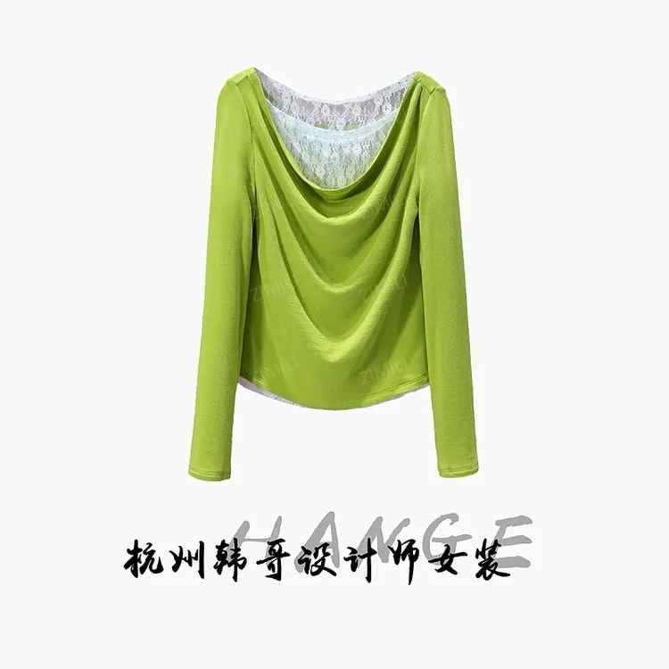 【韩哥女装】设计师高定面料欧货轻奢柠檬绿蕾丝高弹长袖衫7051-E3