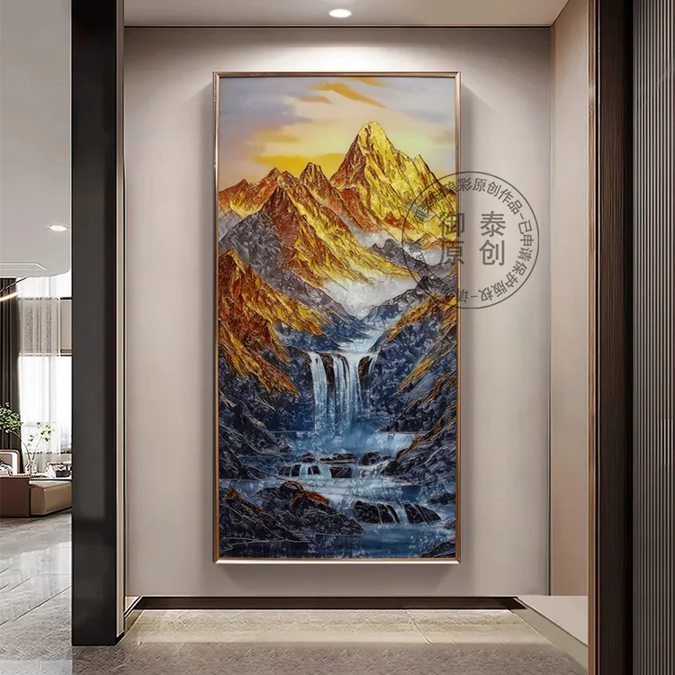 日照金山现代轻奢玄关画纯手绘珐琅彩高端客厅挂画沙发背景壁画