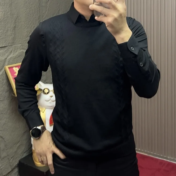 2025-5807针织衫男士秋冬纯色针织休闲翻领冬季假两件针织衫