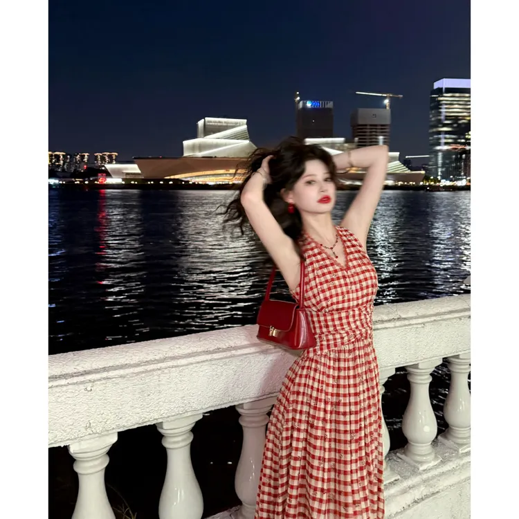 现货一生罗曼【香港1998】连衣裙气质夏季设计感小众格纹裙子L1374