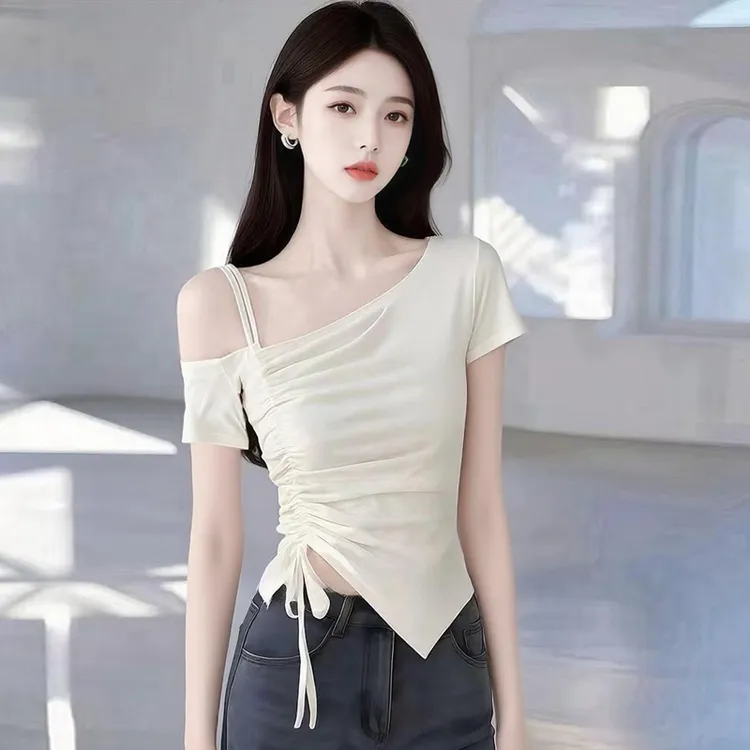 夏季女款辣妹纯欲风一字领短袖t恤设计感别致抽绳不规则露肩上衣