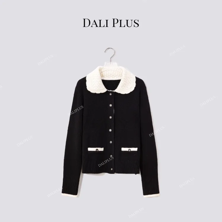 DALI PLUS“山羊绒绵羊毛外套”手钩翻领长袖针织开衫-D5CH4929
