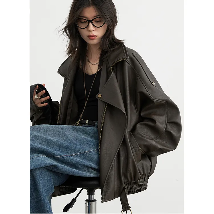 冬季新款重工复古中性立领机车加绒皮衣外套PU夹克上衣女痞帅上衣