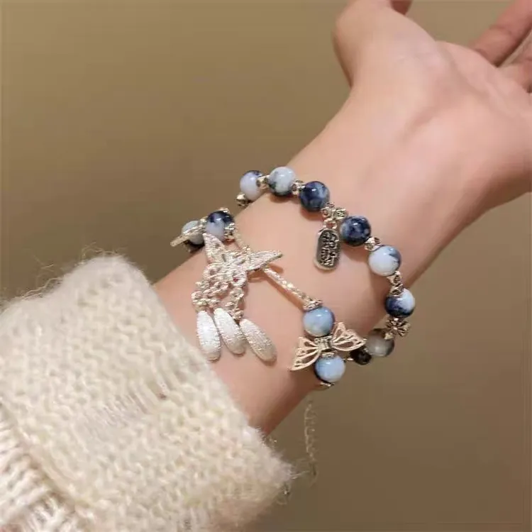 合金玻璃手链 青花瓷配色古风蝴蝶流苏手链女小众设计中式福牌