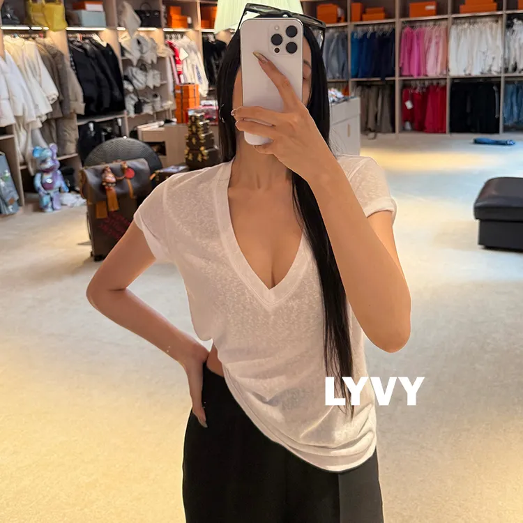 【LYVY2店-V领上衣】袁伶嫣同款麻感雪花v领T恤老钱风十足