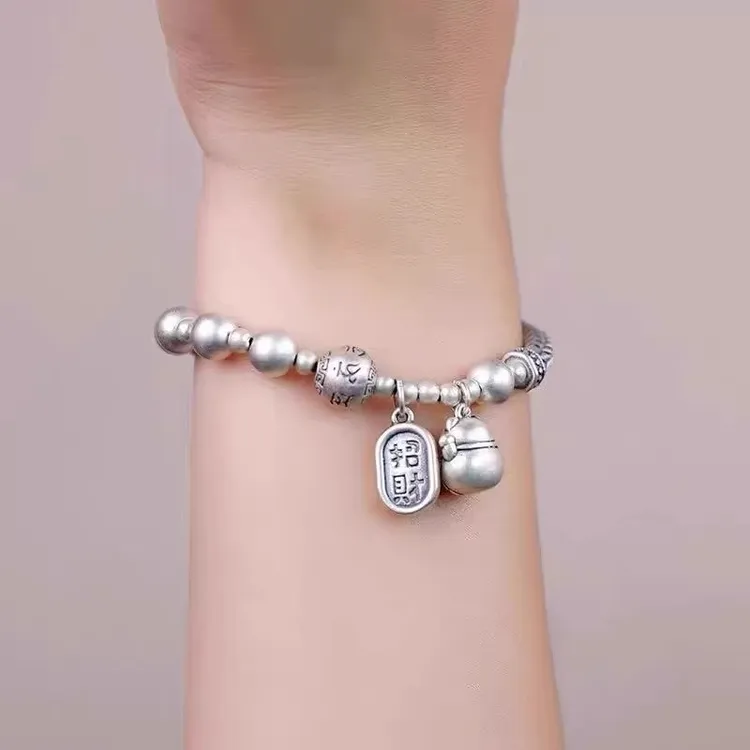 足银手链 足银999麦穗招财猫手链女款福字古法银珠手串平安锁手链
