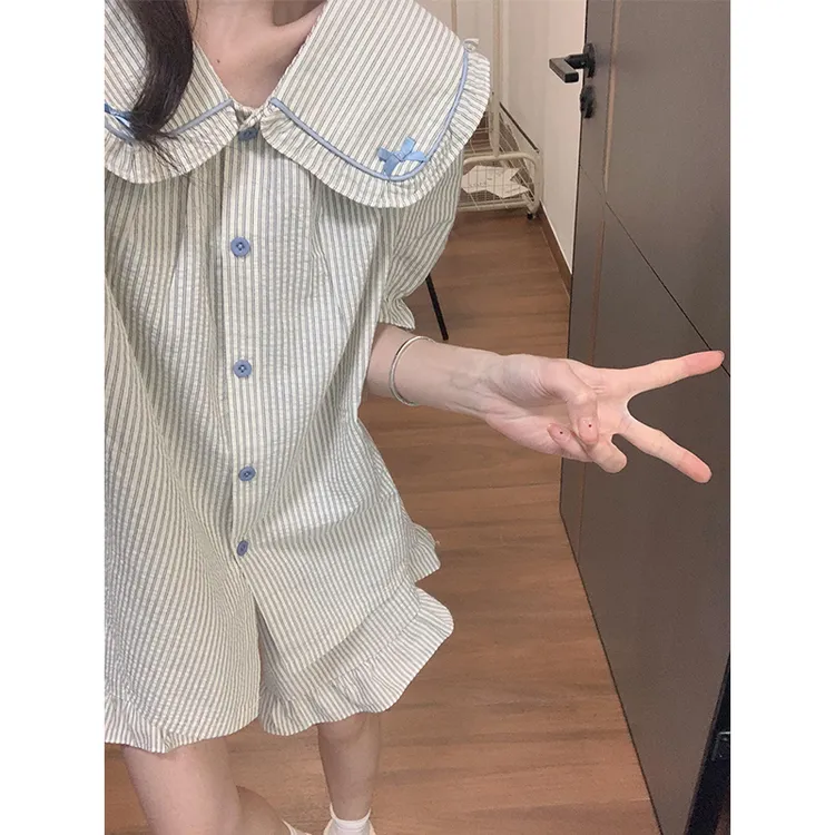 【条纹蝴蝶结】日系可爱清纯睡衣女夏季新款开衫短袖短裤家居服套装