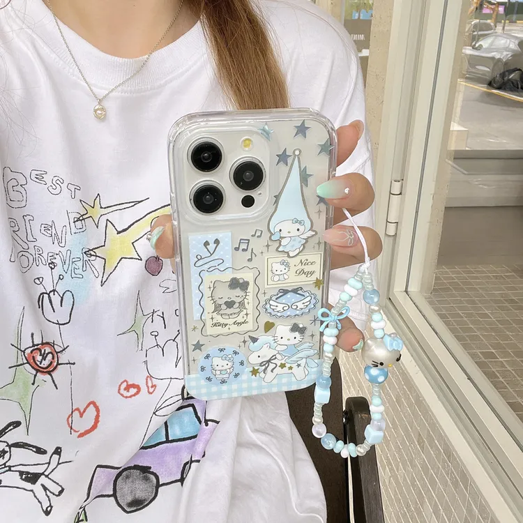 半透蓝色天使kt猫手链壳适用iphone17Promax苹果15手机壳14双层16