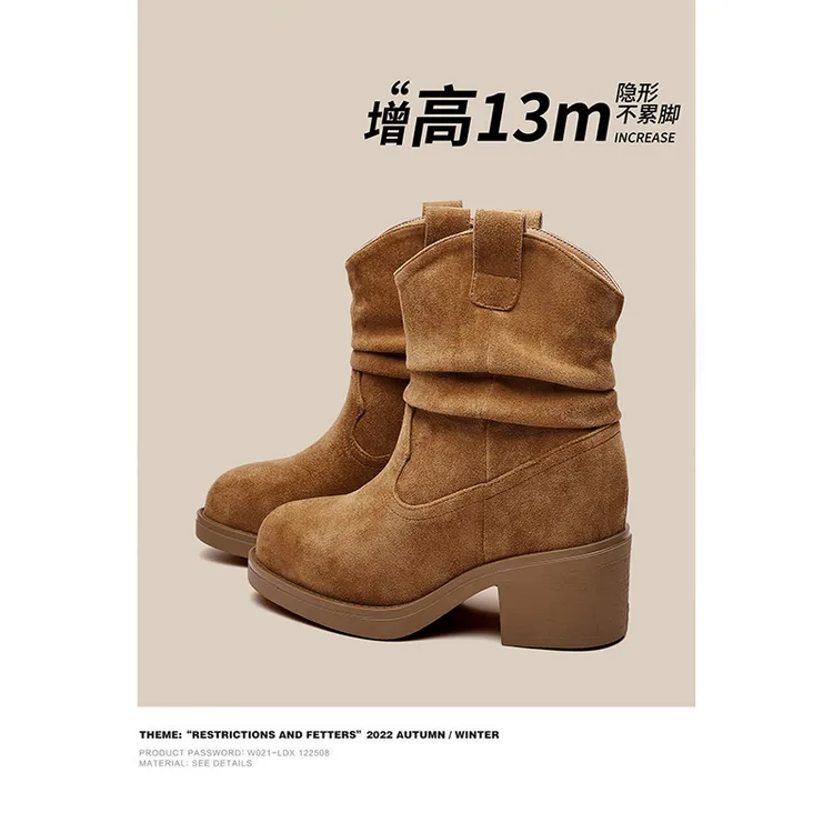 真皮版~粗跟超高中筒高跟堆堆靴子女2025年粗跟美拉德短靴西部靴