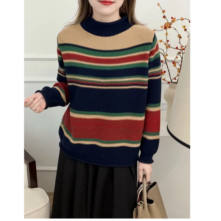 【正品现货】冬季针织提花撞色半高领不规则条纹棉线毛针织衫上衣女