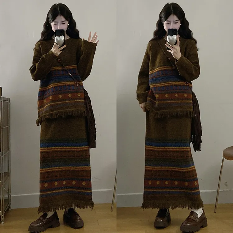 大码胖mm秋季新款套装女慵懒名族风宽松显瘦别致复古名族风两件套