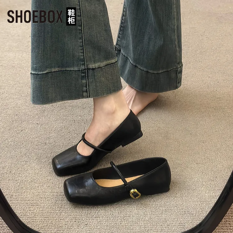 SHOEBOX鞋柜黑色玛丽珍鞋女2025春季新款平底方头气质晚晚单鞋