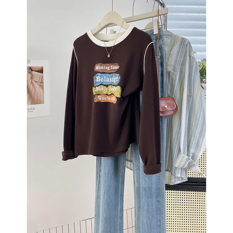 冬季双面绒保暖字母印花长袖T恤设计感小众拼接宽松女装打底上衣