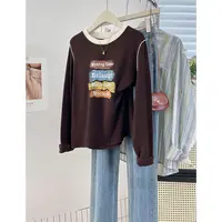 双面加绒加厚印花拼接长袖T恤2025韩版宽松小众百搭女装打底上衣