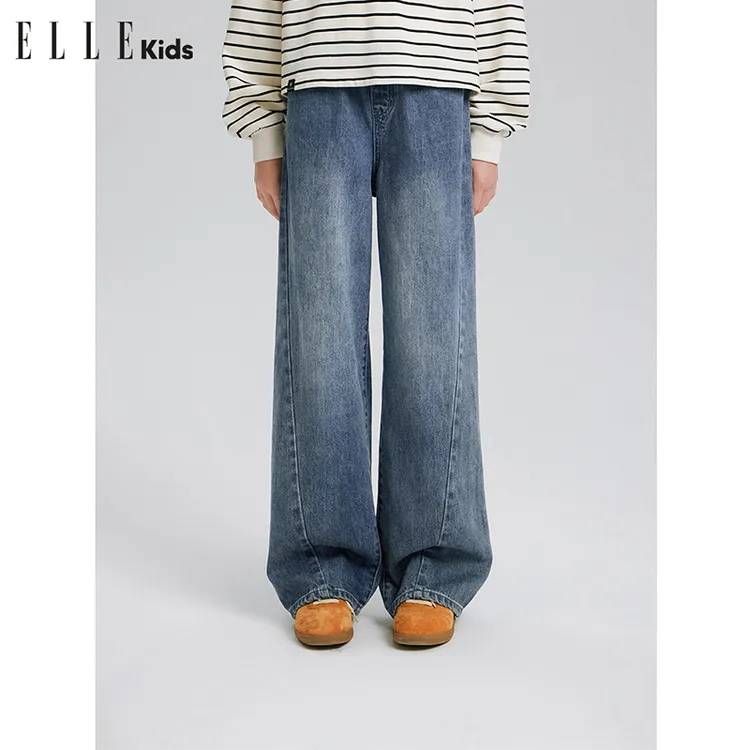 ELLE KIDS童装春秋法式复古百搭显瘦高腰休闲宽松长款牛仔裤Q4