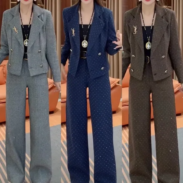 时尚套装女2025秋季新款满天星长袖西服上衣+阔腿裤两件套