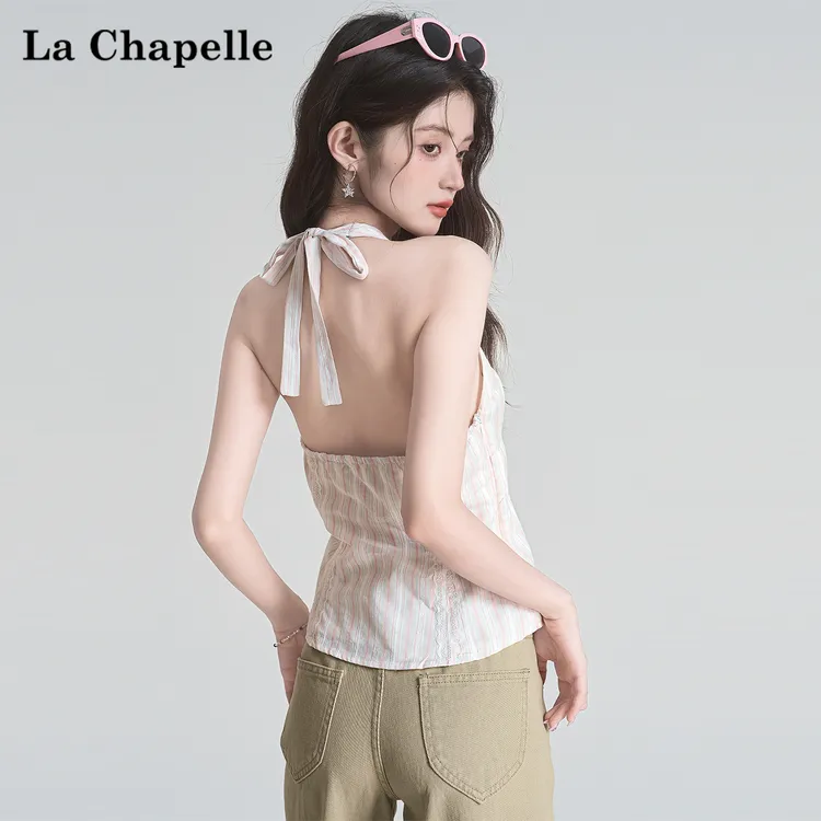 拉夏贝尔辣妹V领系带挂脖背心女夏季设计感美背无袖外穿吊带上衣