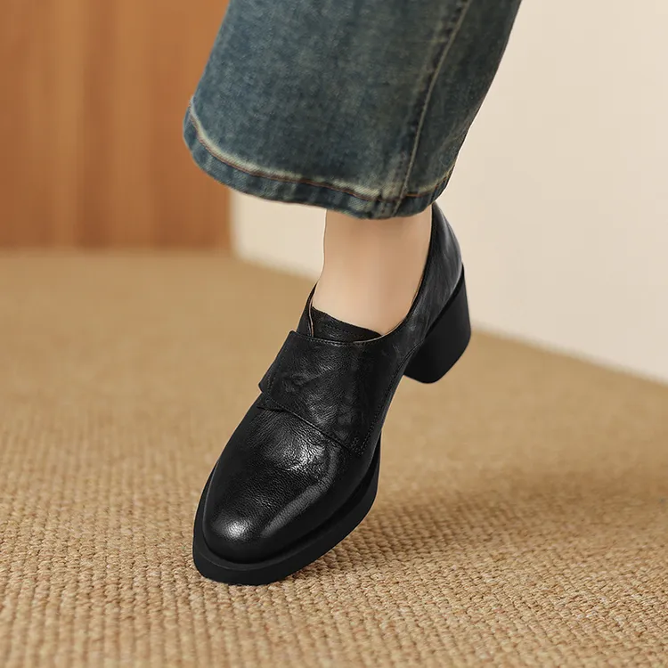 5cm圆头粗跟单鞋女新款春秋复古小皮鞋羊皮深口中跟加绒女鞋冬季