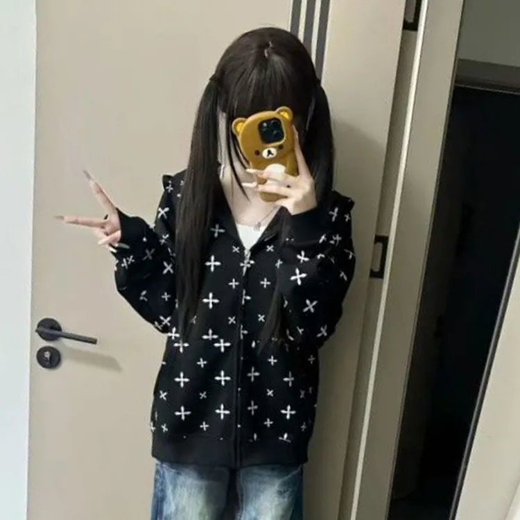 好显瘦【满印设计】美式潮牌设计感宽松卫衣显瘦休闲风拉链上衣服 