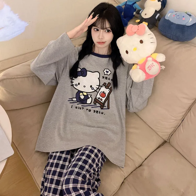 女士睡衣纯棉长袖春秋卡通学生大码秋季薄款少女可外穿家居服套装
