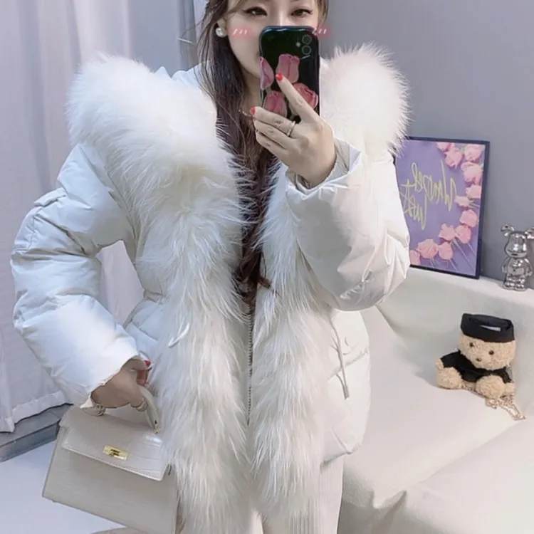 2025新国标90白鸭绒少女感貉子毛领面包羽绒服收腰短款时尚外套