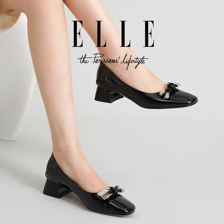 ELLE仙女风蝴蝶结单鞋复古粗跟方头浅口小皮鞋一脚蹬漆皮高跟女鞋