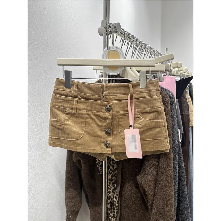 秋季美式复古灯芯绒重工古铜排扣假两件双腰头短裙低腰半身裙女