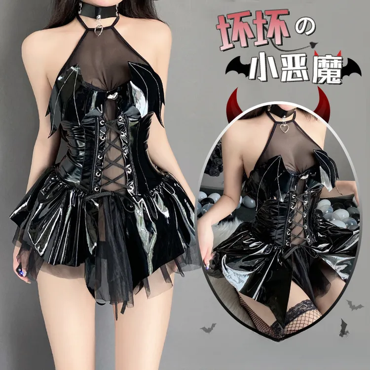 小恶魔性感亮面PU挂脖绑带透短裙套装魅魔COS制服2449