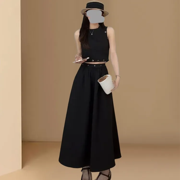 法式甜美无袖背心半身裙套装女夏季设计感拼接上衣高腰长裙两件套