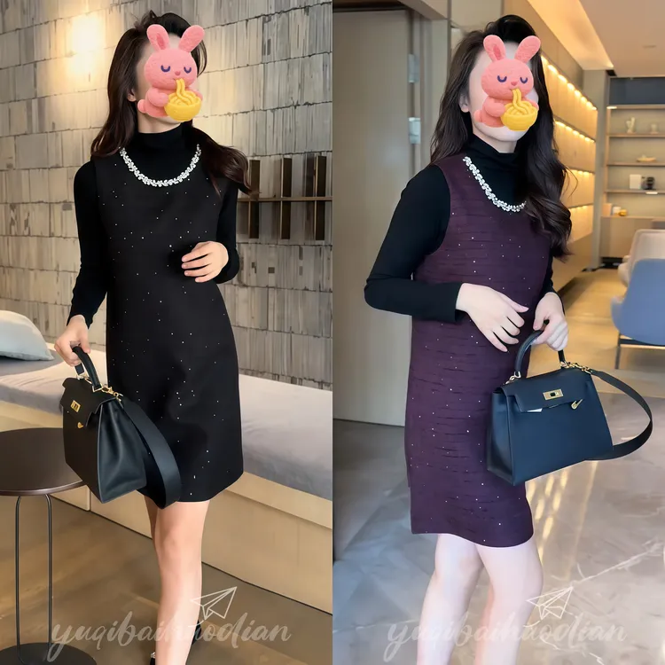时尚洋气小香套裙女秋季百搭显瘦打底衫重工镶钻设计背心裙两件套