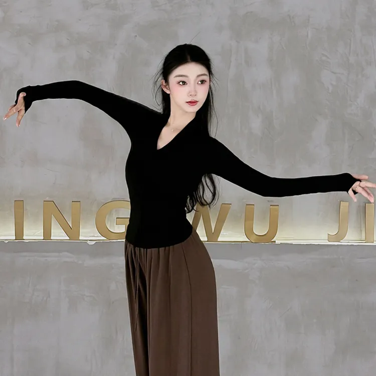 古典舞蹈V领长袖打底衫女春秋弹力螺纹透气修身集训中国舞练功服
