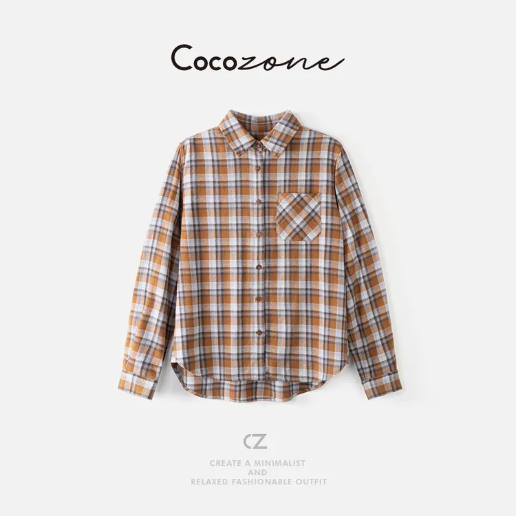 COCO ZONE 刘一一【100棉】翻领格纹长袖复古衬衫 CD2A2092