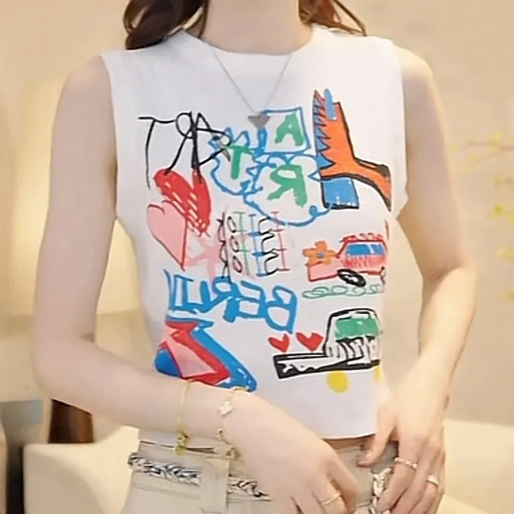 复古修身黄色针织背心女2025夏季新款涂鸦印花超好看显瘦圆领上衣